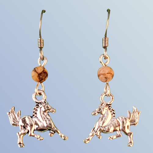 Hypoallergenic cantering horse earrings handmade with beautiful silver-colored graceful horse charms and topped with brown zebra jasper beads