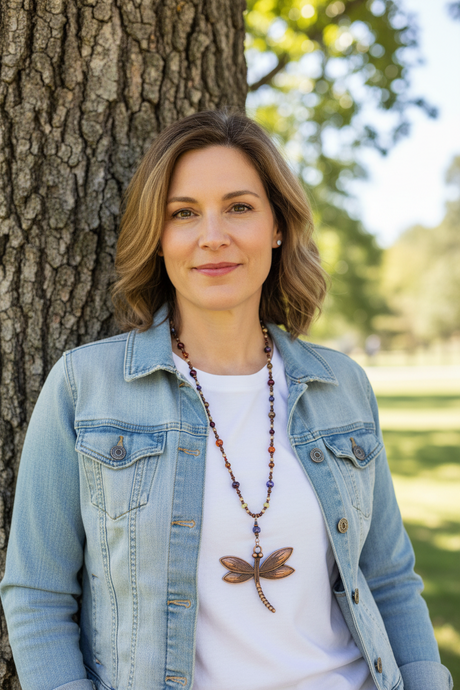 Vibrant boho colors necklace with antiqued bronze dragonfly