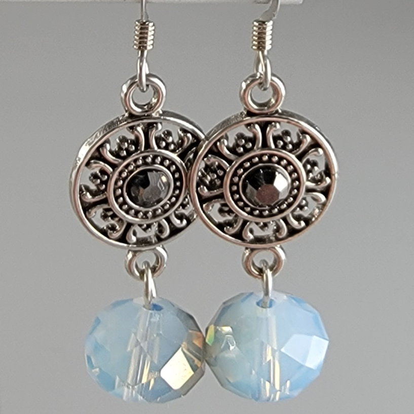 Abstract Silver Sun Earrings with Misty Glass Accent Beads