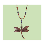 Close-up of an intricate 2.5-inch antiqued bronze dragonfly pendant showing detailed wing textures and earthy Picasso glass bead accents.