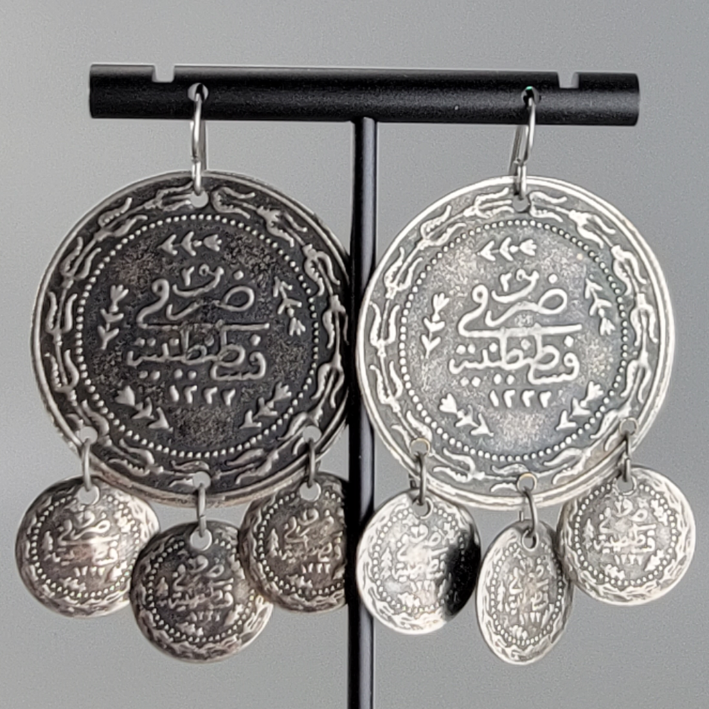 Chunky Coin Earrings Antiqued Silver Tone w/Black Patina