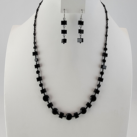 Dramatic Black Necklace and Earring Set with Czeck Glass 