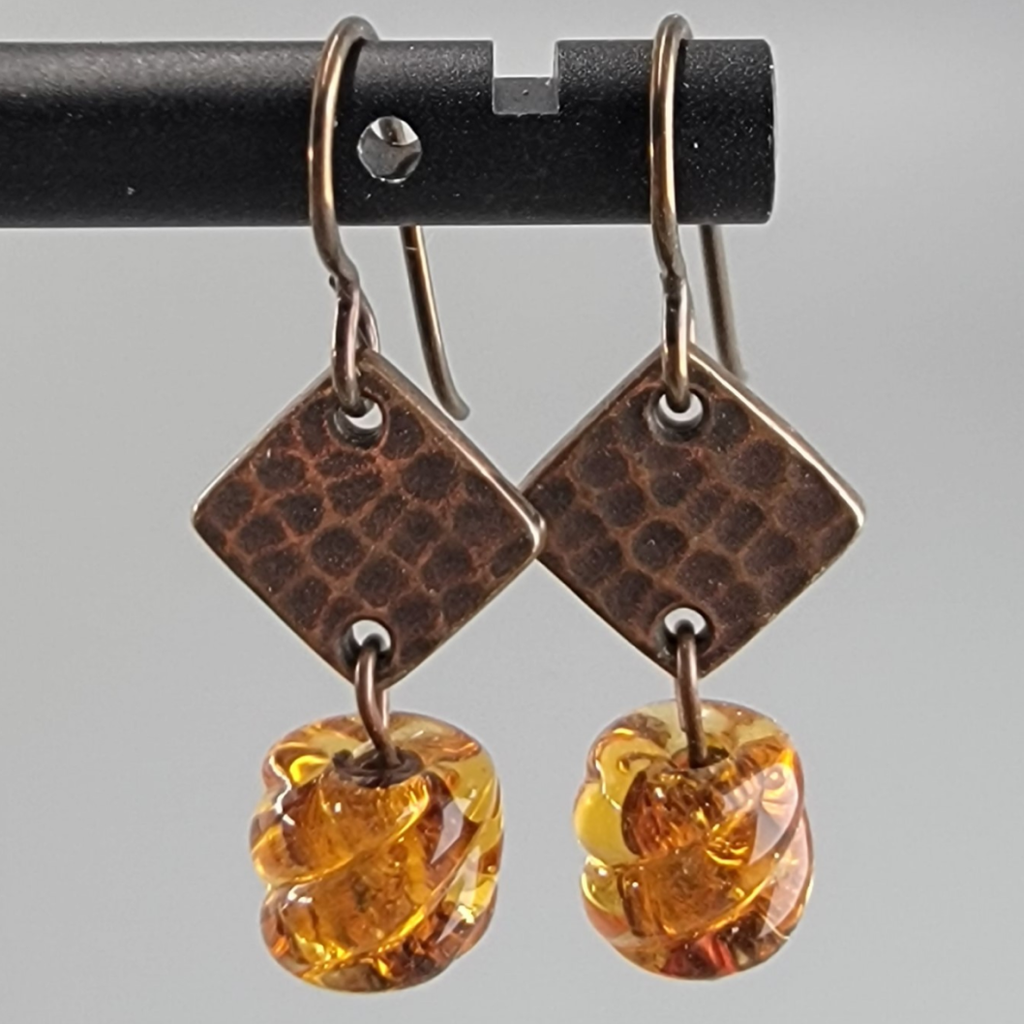 Earrings - Amber-Colored Handmade Glass and Hammered Copper