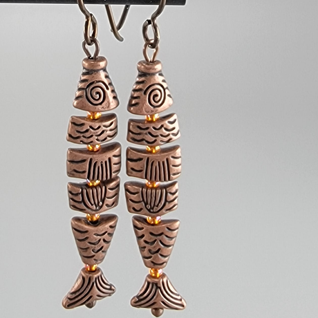 Earrings Antiqued Copper Fish with Bright Green Picasso 