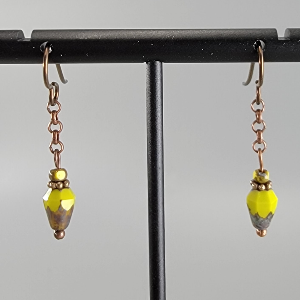 Earrings - Bright Chartreuse Picasso Glass and Copper