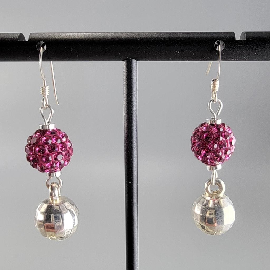 Earrings - Hot Pink Glitter Ball and Silver Disco