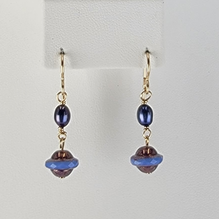 Earrings - Iridescent Czech Glass Saucer Charms with Blue 