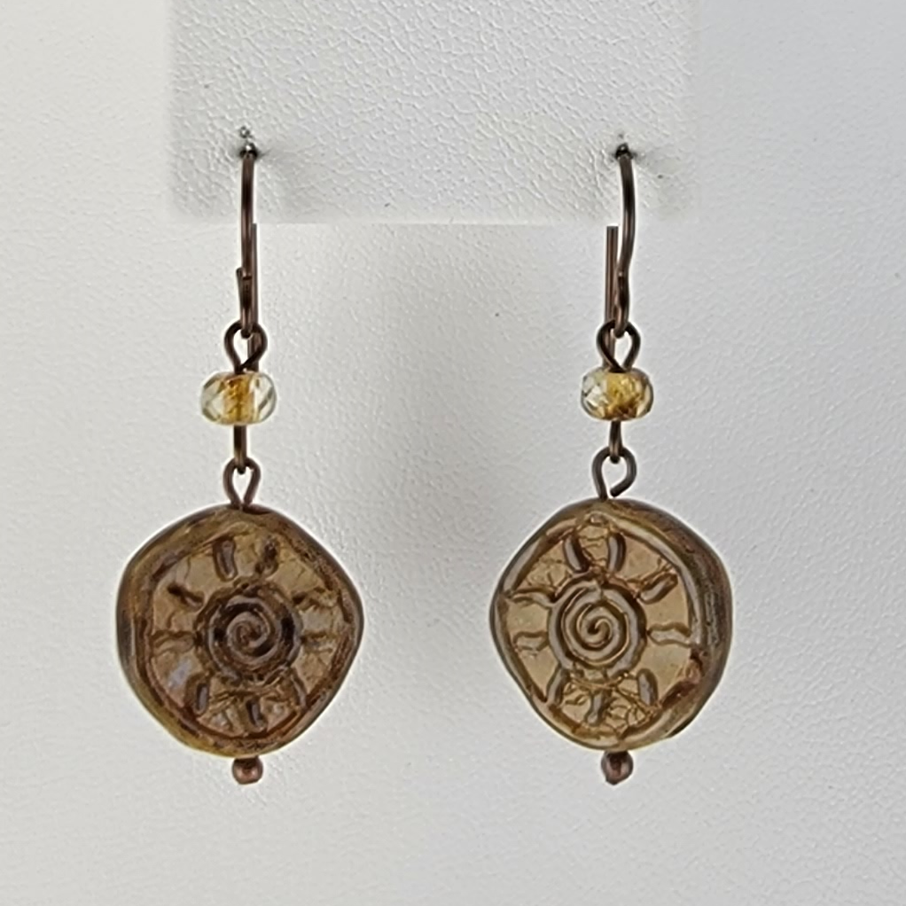 Earrings - Picasso Glass Coin Charms in Bronze with Raised 
