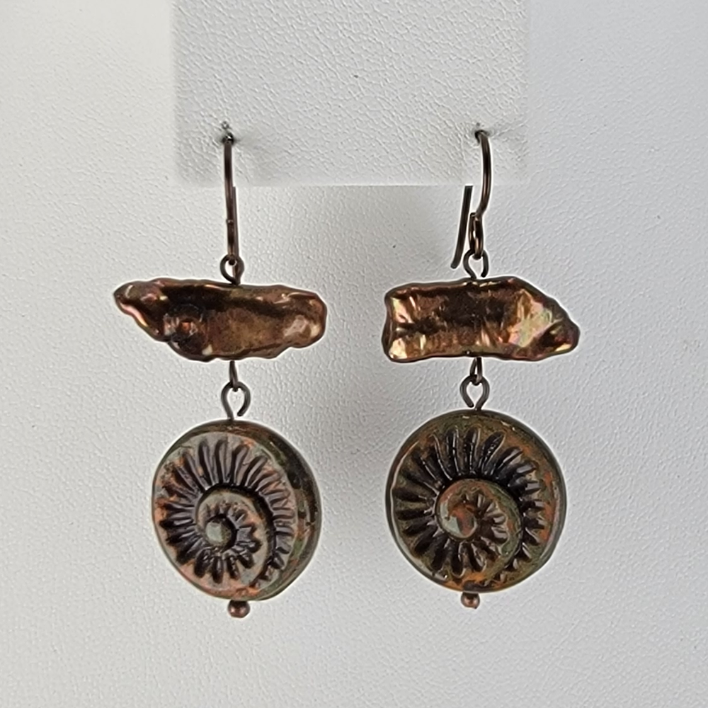 Earrings - Picasso Glass Nautilus Charms in Bronze with Biwa