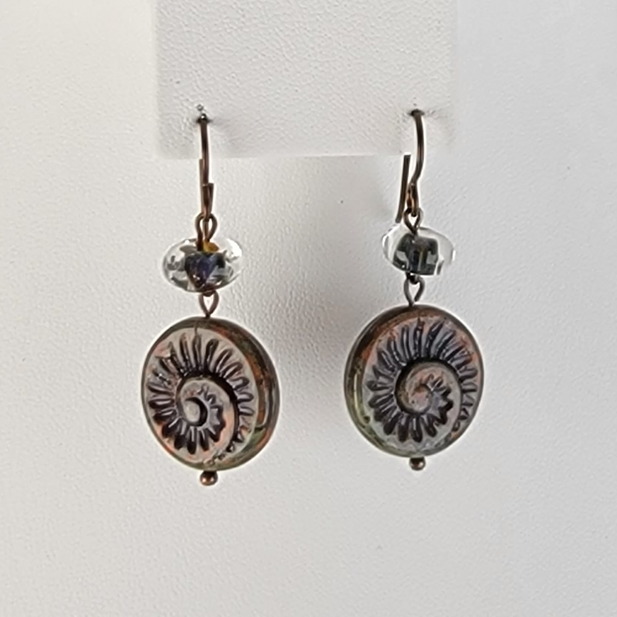 Earrings - Picasso Glass Nautilus Charms in Bronze with 