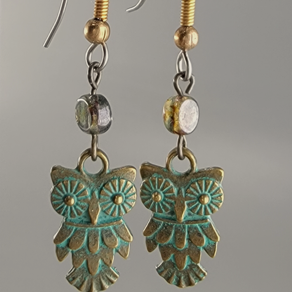 Earrings - Quaint Little Owls Bronze with Green Patina and 