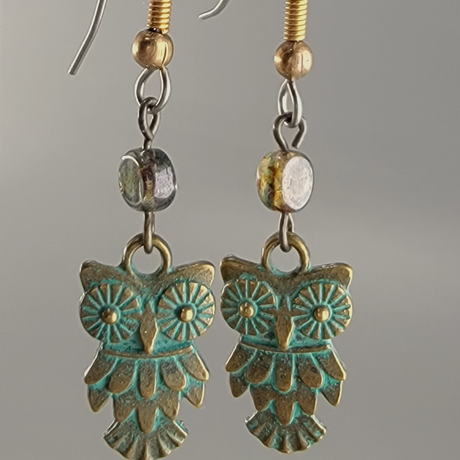 Earrings - Quaint Little Owls Bronze with Green Patina and 