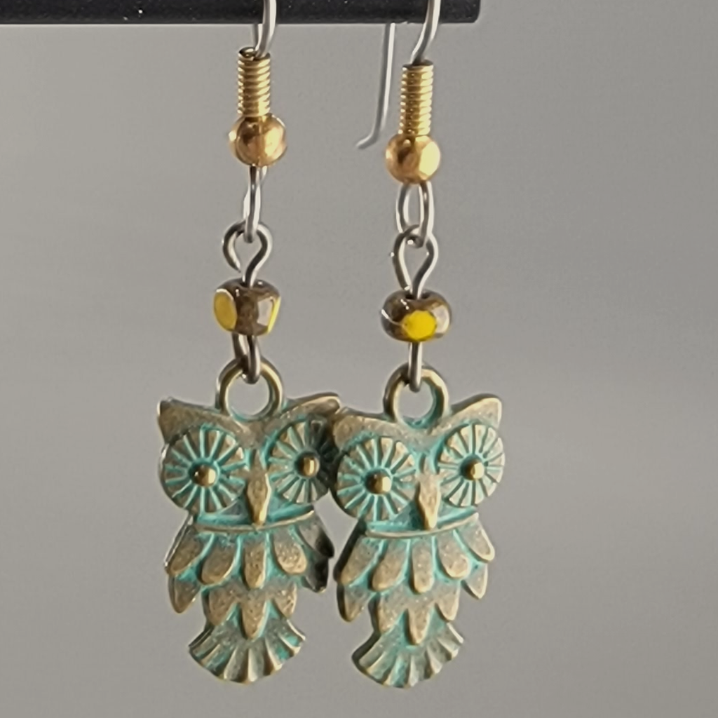 Earrings - Quaint Little Owls Bronze with Green Patina and 