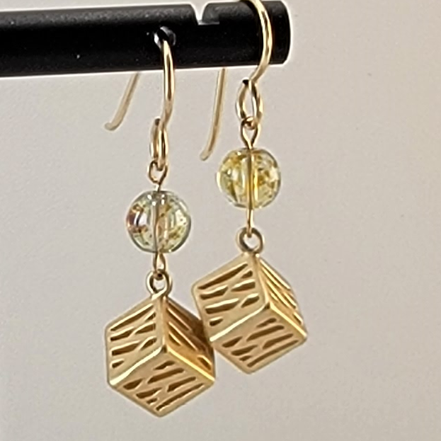 Earrings - Refined Brushed Gold Cubes with Speckled Picasso 