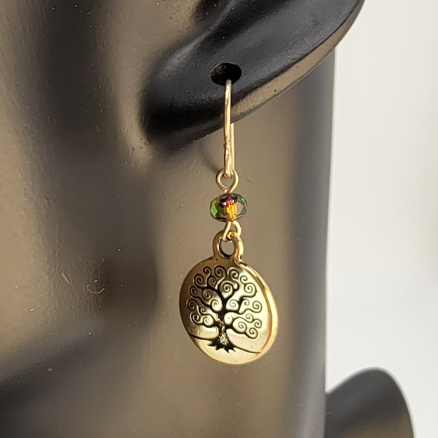 Fanciful Engraved Tree of Life Earrings Gold Tone with 
