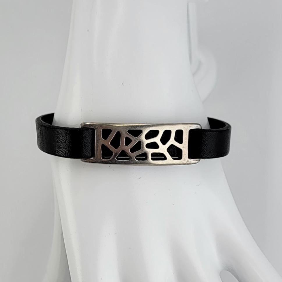 Modern Flat Leather Unisex Bracelet Pewter Cut-Out and 