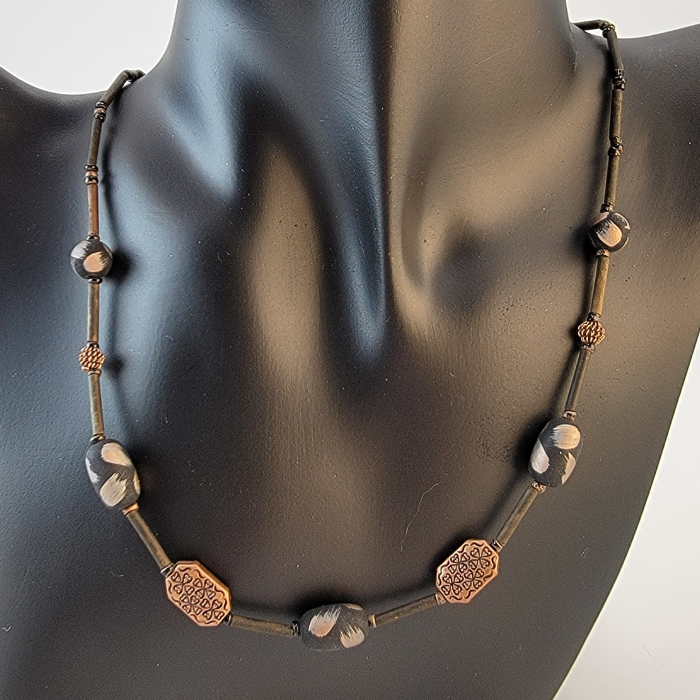 Natural Copper and Wood Beaded Necklace with Czech Glass 