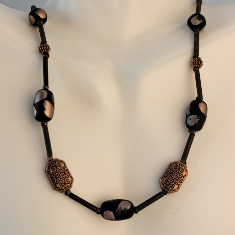 Natural Copper and Wood Beaded Necklace with Czech Glass 