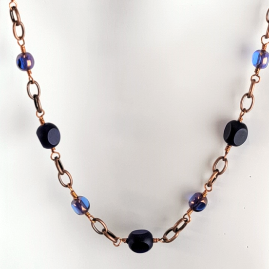 Necklace Antiqued Copper Tone and Blue Czech Glass