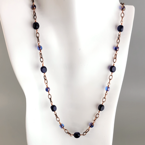 Necklace Antiqued Copper Tone and Blue Czech Glass
