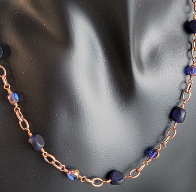 Necklace Antiqued Copper Tone and Blue Czech Glass