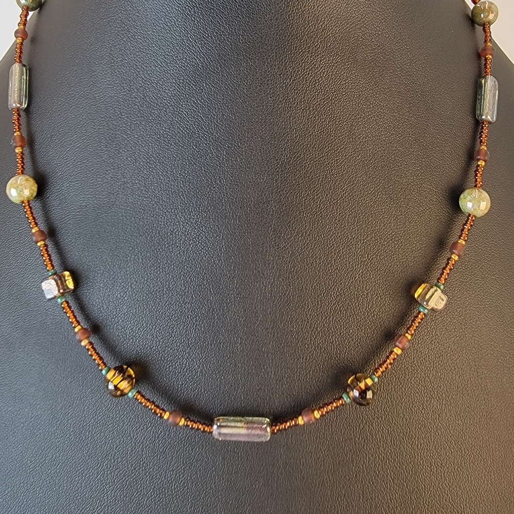 Necklace with Round Cube and Rectangle Czech Glass. Colors 