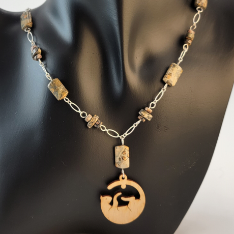 Playful Cat Necklace with Sterling Silver Chain and Leopard 