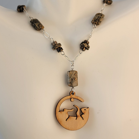 Playful Cat Necklace with Sterling Silver Chain and Leopard 