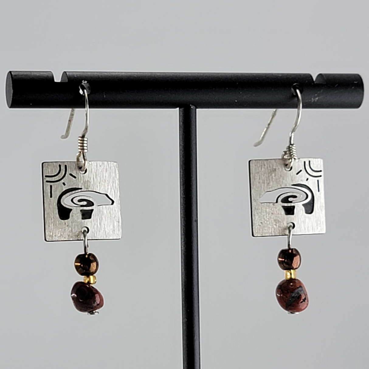 Sterling Carved Bear Earrings with Red Jasper