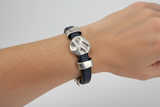 Thick Black Leather Unisex Bracelet with Hammered Pewter Accents
