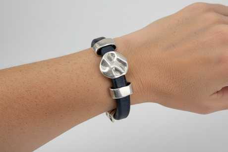 Thick Black Leather Unisex Bracelet with Hammered Pewter Accents